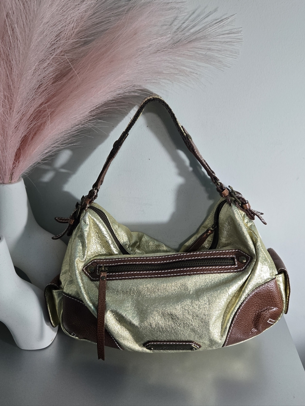 Isabella Fiore Metallic Gold Leather Hobo Shoulder Bag - Brown Trim